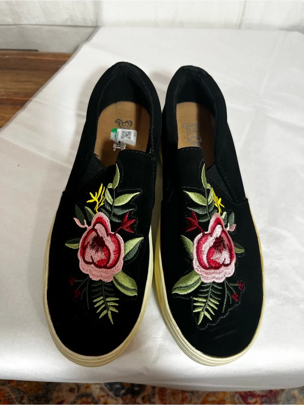 Brash Black Velvet Espadrilles with Pink Floral Embroidery